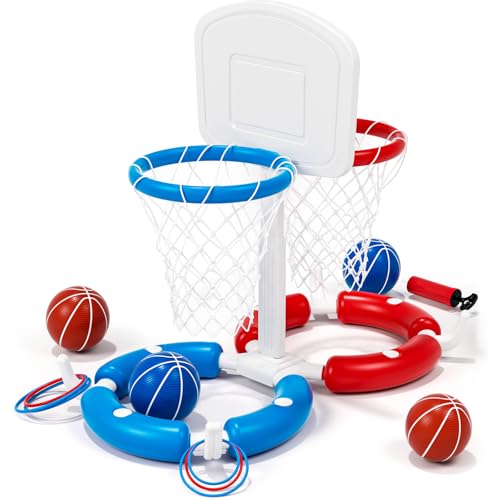Double Pool Basketball Hoop with Backboard &Ring Toss Game, 2-in-1 Floating Pool Toy with 4 Balls 8 Rings&Pump,2 Player Games Summer Activities for Kids 5-8 8-12& Adult,Outdoor Swimming Party Gifts - size: Double with backboard