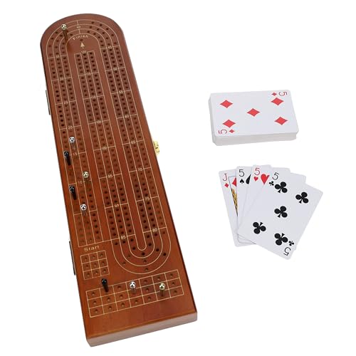 Pacific Shore Games Wooden Cribbage Board Game Set, Walnut Stained Continuous 3 Track for 2-3 Players, Card Storage - color: Walnut