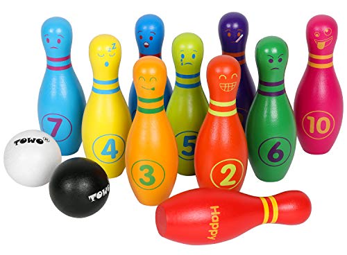 TOWO Wooden Skittles for Children - Skittle Set with 10 Facial Expressions and Numbers - 10 Pin Bowling Set for Kids Garden Toys- Wooden Toys for 2 Year Old