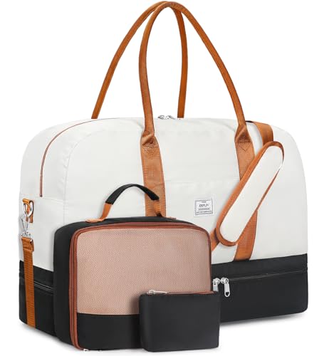 Weekender Bag for Women, Large Overnight Bag Canvas Travel Duffel Bag Carry On Tote with Shoe Compartment 21" 3Pcs Set - color: D03-beige