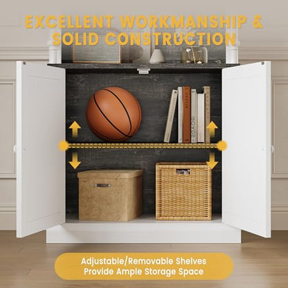 GarveeHome Tall Storage Bookcase with 3-Tier Open Shelves and Double Door, Roman Column Design and 4 Adjustable Lights, White & Black Wood Grain Display Storage Cabinet for Home Office, Living Room