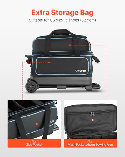 VEVOR Bowling Ball Bag, 2-Ball Bowling Bag with Wheels, Featuring a Separate Compartment for Shoes (Up to US Size 16) & Oversized Accessory Pocket, Retractable Handle Extends to 41.32 in - style: Black-blue
