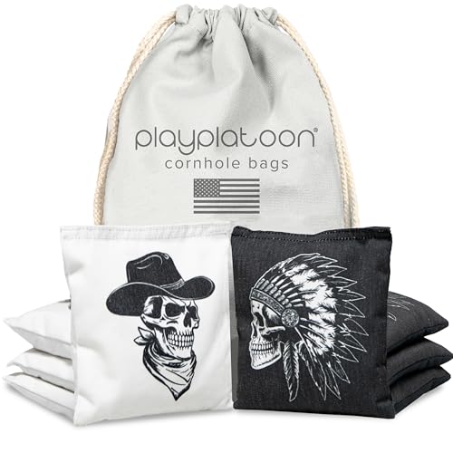 Professional Cornhole Bags - Set of 8 Regulation All Weather Double Sided - Sticky Side/Slick Side Bean Bags for Pro Corn Hole Game - color: Black / Vintage White Outlaw & Chief