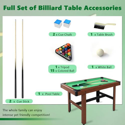 48" Pool Table Portable Billiard Table for Kids & Adults with 2 Cues, Triangle Rack, Compact Wooden Game Table for Home, Game Room, Indoor & Outdoor