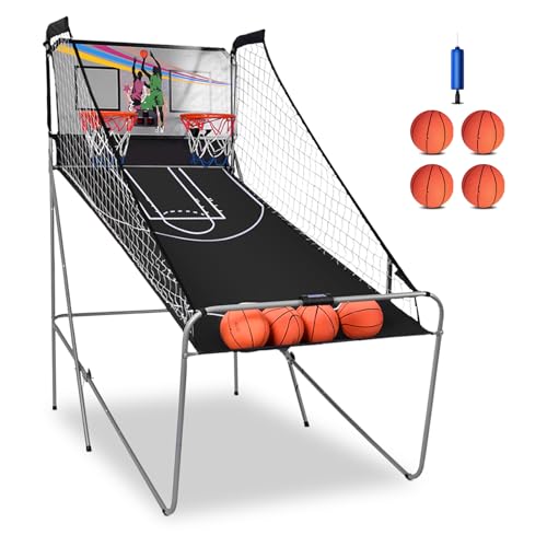 KOTEK Basketball Arcade Game Indoor, Foldable Dual Shot Electronic Basketball Games for 2 Players w/8 Game Options & LED Scoring System, Basketball Hoop Arcade for Family Home Play (Silver) - color: Silver