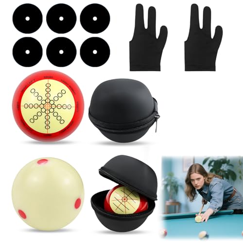 2 PCS Billiards Cue Ball 2-1/4" Pool Cue Practice Training Artifact with Three Finger Billiard Gloves 2 Ball Bag 6 Pool Table Marker Dots for Billiard Table Accessory