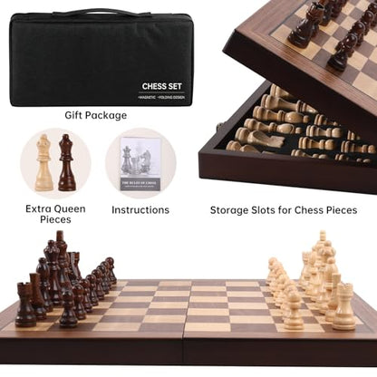 Rinten Wooden Chess Set with Folding Board - 15" Classic Magnetic Chess Set with Protective Bag for Adults, Chess Lovers Tournament Professional Beginner - color: Wood-brown+black Bag, size: 15 IN
