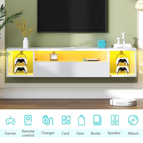 55" White TV Gaming Console with LED Lights 4 Controller Hooks 2 Headphone Hooks, Hidden Storage Cabinet, 30KG Top Load Capacity