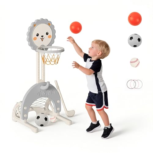 4-in-1 Toddler Basketball Hoop Adjustable Height Indoor Outdoor Sports Center for Kids Basketball, Soccer, Hockey & Ring Toss, Grey and White - color: Grey and White