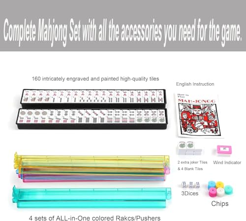 American Mahjong Game Set - Pearl Gray Quilted Soft Bag - 166 White Engraved Tiles, 4 All-in-One Rack/Pushers Complete Western Mah-Jongg, Maj Jongg, Ma Jong Set - color: Mahjong Game Set With Gray Case