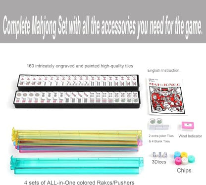 American Mahjong Game Set - Pearl Gray Quilted Soft Bag - 166 White Engraved Tiles, 4 All-in-One Rack/Pushers Complete Western Mah-Jongg, Maj Jongg, Ma Jong Set - color: Mahjong Game Set With Gray Case