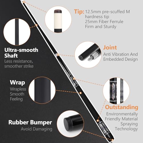 Glass Fiber Pool Cue Stick with Case Combo Set, 12.5mm Professional Pool Stick 58" Low Deflection Billiards Cue Stick 19 Oz Pool Cue Set for Men Adults Players - color: Black3