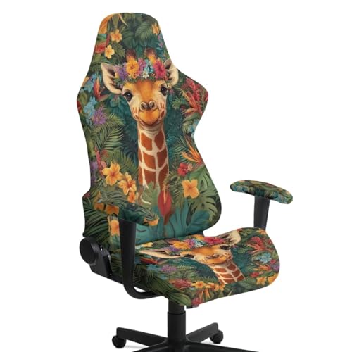 Giraffe Print Gaming Chair Cover with Armrest Covers Tropical Plants Print Stretchable Washable Computer Office Chair Seat Slipcovers Universal Fit for Desk/Swivel/Rotating Chairs Protector - color: Brown and Green - Giraffe Tropical Plants