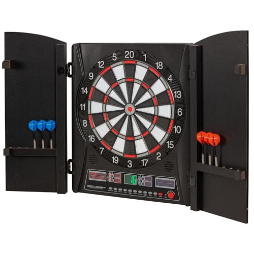 Accudart Apollo Electronic Dartboard Cabinet – 38 Games, 137 Variations, Virtual Opponent, Backlit Scoring, Cricket X/O Displays, Black Woodgrain Doors – Includes Soft‑Tip Darts