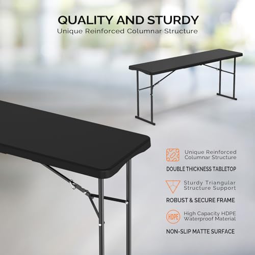 VINGLI 6 FT Narrow Folding Table, Tabletop Folded in Half, Premium Quality HDPE Material and Sturdy Metal Frame, Perfect for Buffet, Seminar, Party, Training, Home Work, Black - color: Black