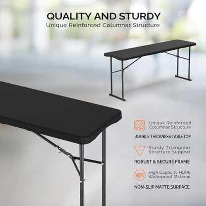 VINGLI 6 FT Narrow Folding Table, Tabletop Folded in Half, Premium Quality HDPE Material and Sturdy Metal Frame, Perfect for Buffet, Seminar, Party, Training, Home Work, Black - color: Black
