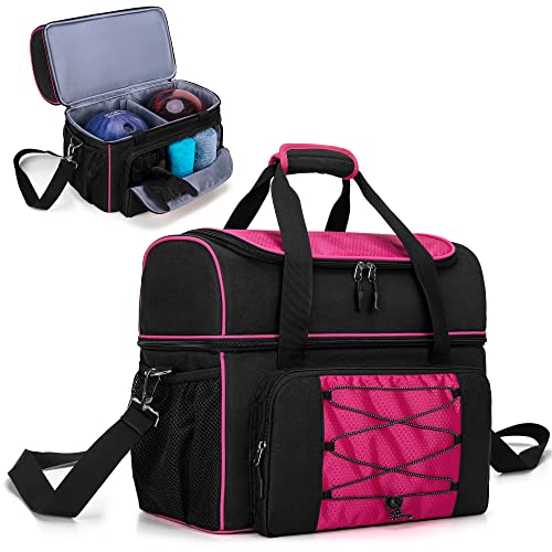 DSLEAF Bowling Bag for 2 Balls, Bowling Tote with Wooden Bowling Cups and Padded Divider for Double Ball and A Pair of Bowling Shoes Up to Mens 16 and Extra Essentials (Patent Design), Bag Only - color: Rose Red