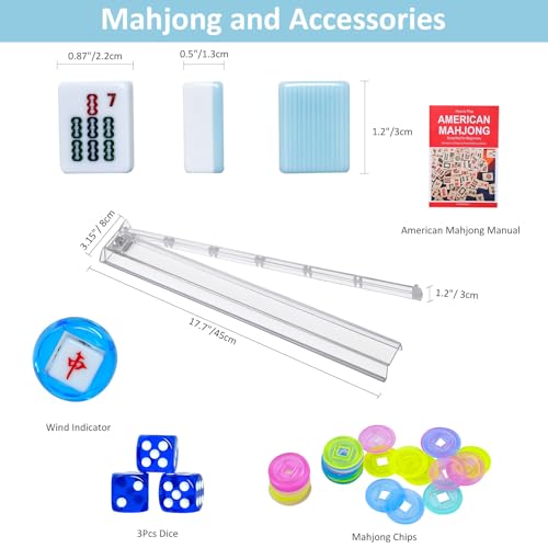American Mahjong Game Set, 166 Blue Tiles, Blue Bag and Accessories, 4 All-in-One Transparent Rack/Pushers, Mahjong Tile Set - color: Blue