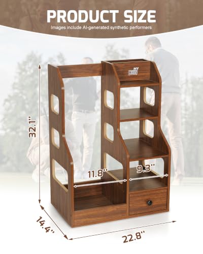 Mythinglogic Wooden Golf Bag Storage Rack, Golf Organizer with Shoe Shelves, Ball Holder & Drawer, MDF Golf Equipment Storage Cabinet for Home, Garage or Simulator Room - size: 1 golf bag rack-Brown