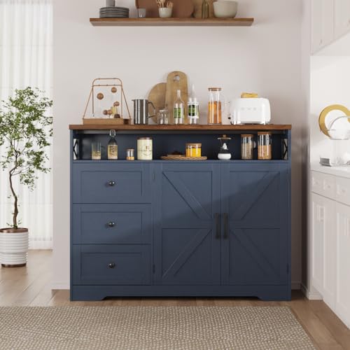 Befrases Farmhouse Buffet Cabinet with Drawers & Open Shelf, Sideboard with Storage, Kitchen Pantry Cabinet Hutch, Coffee Bar Station for Kitchen, Livingroom, 47" L Blue - color: Blue