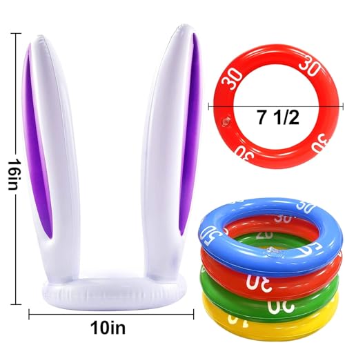 [16 Score Rings ] 4 Pack Easter Inflatable Bunny Rabbit Ears Ring Toss Game Easter Basket Stuffers for Kids Party Games Inflatable Gifts for Indoor Outdoor Toys Party Supplies Family Game