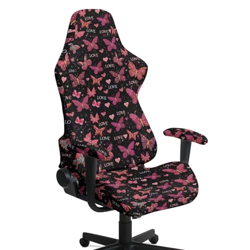 Suobstales Butterfly Heart Love Pattern Gaming Chair Cover, 4pc/Set Office Chair Cover with Armrest/Back Covers/Chair Seat Cover, Stretch Computer Video Game Office Chair Cover Valentine's Day Decor - color: Butterfly Heart Love