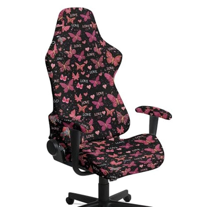 Suobstales Butterfly Heart Love Pattern Gaming Chair Cover, 4pc/Set Office Chair Cover with Armrest/Back Covers/Chair Seat Cover, Stretch Computer Video Game Office Chair Cover Valentine's Day Decor - color: Butterfly Heart Love