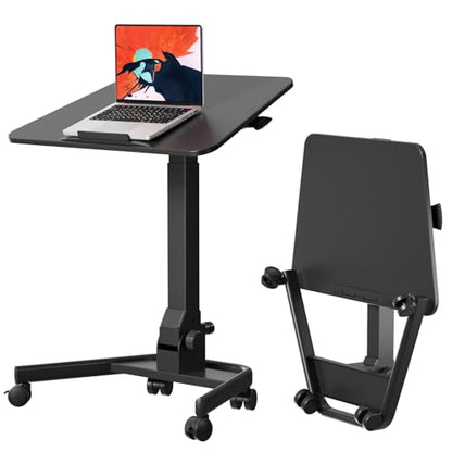 Foldable Mobile Standing Desk, Pneumatic Height Adjustable Rolling Sit Stand Desk, 90° Tiltable Portable Laptop Cart on Wheels, Mobile Desk Workstation for Home Office, Easy to Fold - color: Black