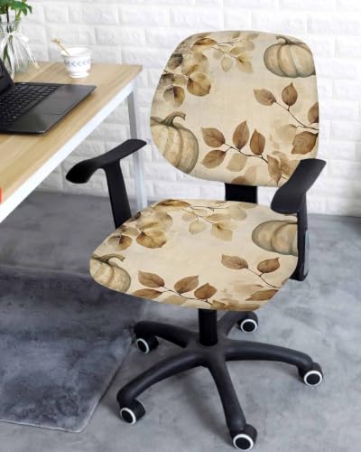 Savannan Office Chair Cover, Fall RetroThanksgiving Pumpkin Protective Stretch Elastic Universal Cover for Desk Task Chair,Computer Rotating Chair 1 Pcs Country Leaves Retro Linen