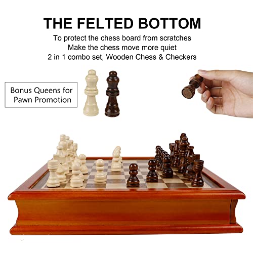 Juegoal 12-Inch Wooden Chess & Checkers Set with Storage Drawer, Portable Board Games for Kids and Adults