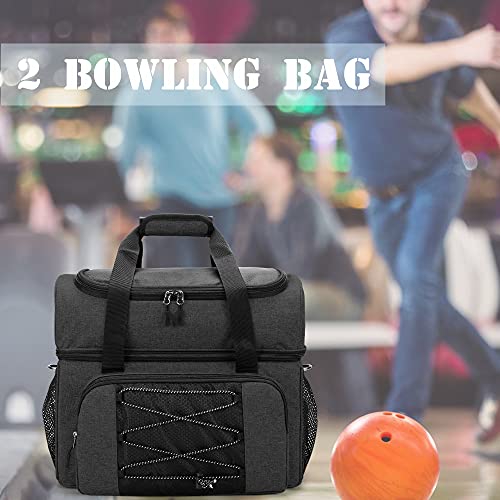 DSLEAF Bowling Bag for 2 Balls, Bowling Tote with Wooden Bowling Cups and Padded Divider for Double Ball and A Pair of Bowling Shoes Up to Mens 16 and Extra Essentials (Patent Design), Bag Only - color: black