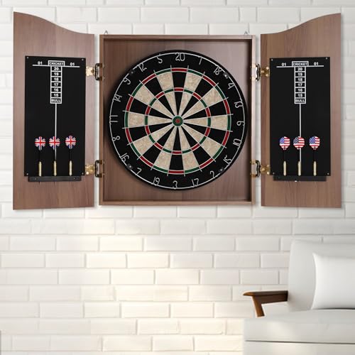 Dartboard Cabinet Set - Self Healing Sisal - Modern Style Printing Treatments- Features Easy Assembly - Includes Six Darts, Scoreboard