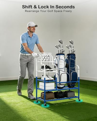Golf Bag Storage Garage Organizer for 2 Bags, Golf Storage Rack with Wheels | 50% More Space Multi-Zone,All-In-One 5tier Compact,Extra Bottom Storage,4 360° Casters,Movable Basket,Small Garage,Heavy-Duty - size: 2 Golf Bag Rack丨36"(L)x15.8(W)"x44.6"(H)