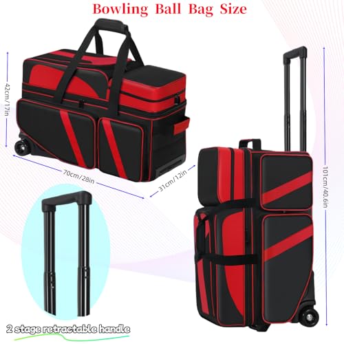 3 Ball Bowling Bags With Wheels,Bowling Bags 3 Ball Roller With Shoes Compartment And Multiple Pockets,3 Ball Bowling Bag has Retractable Handle Extends to 41.5 in - color: red