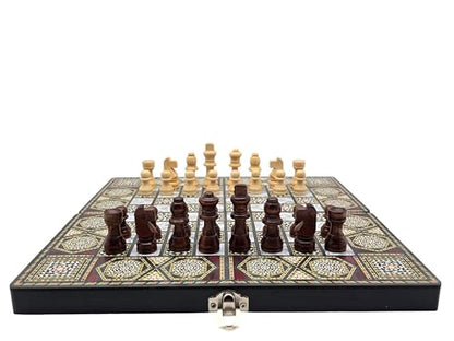 Wooden 3 in 1 Chess Checkers Backgammon Board Game Set, 12 Inch Portable Folding Chess Board, Portable Travel Chess Set for Adults Kids Family Game Night Gift（Non-Magnetic）