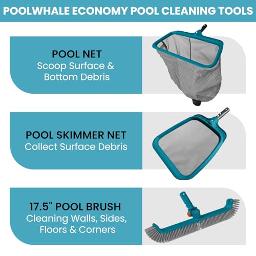 Economy Swimming Pool Cleaning Kit - Fine Mesh Deep Pool Rake & Leaf Skimmer Net, Rotatable Pool Brush Head for Cleaning Above Ground & Inground Pools (No Pole)