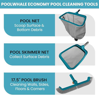 Economy Swimming Pool Cleaning Kit - Fine Mesh Deep Pool Rake & Leaf Skimmer Net, Rotatable Pool Brush Head for Cleaning Above Ground & Inground Pools (No Pole)