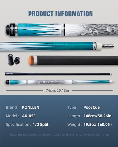 KONLLEN Carbon Fiber Pool Cue 2.0, 58-inch Low Deflection Billiard Stick for Adults with 12.5mm Tip and Pro Taper - color: 007 AK-05F 2.0 set-blue