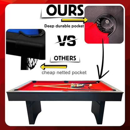 Freetime Fun 6 FT Pool Table, No Assembly, Portable, Includes Billiard Tables Accessories- 2 Pool Cues, Set of Balls, Triangle, Pool Table Brush, Chalk - color: Red Felt
