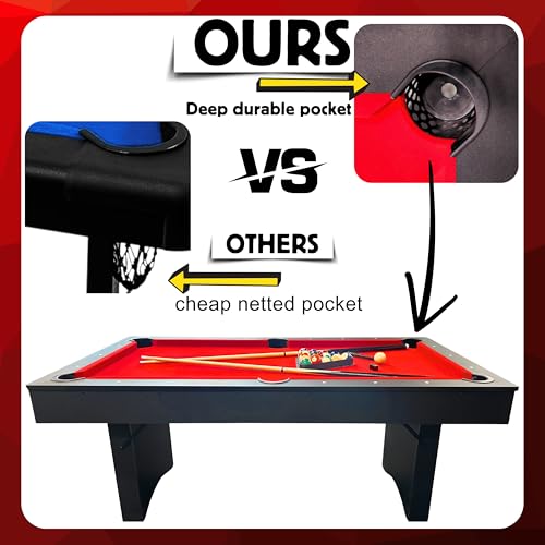 Freetime Fun 6 FT Pool Table, No Assembly, Portable, Includes Billiard Tables Accessories- 2 Pool Cues, Set of Balls, Triangle, Pool Table Brush, Chalk - color: Red Felt