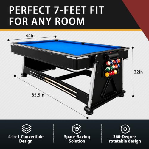 4-in-1 Multi Game Table – Pool Table,Air Hockey Table,Ping Pong Table & Dining Table Combo with Flip-Top Design,Includes Full Accessories.7ft Billiard Tables for Living Room,Bar,and Game Room. - color: Blue
