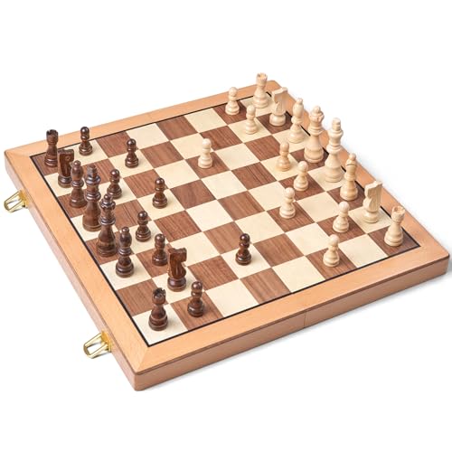 AMEROUS Magnetic Wooden Chess Set, 15 Inches Handmade Wooden Folding Travel Chess Board Game Sets with Chessmen Storage Slots for Kids and Adults, 2 Bonus Extra Queens, Gift Box Packed