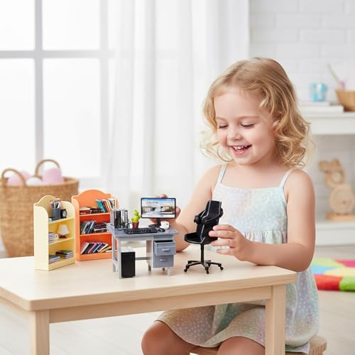 1:12 Scale Doll House Mini Computer Office Desk Furniture Accessories Set | Accessories for dollhouse: storage cabinets, books, desk lamps, eyeglasses, headsets, cell phones and game controllers