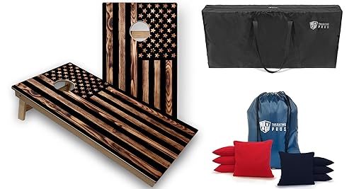 Tailgating Pros Cornhole Boards - 4'x2' Tournament Grade Wood Pattern Cornhole Game w/Carrying Case & Set of 8 Corn Hole Bean Bags w/Tote - color: 4'x2' Wooden Flag