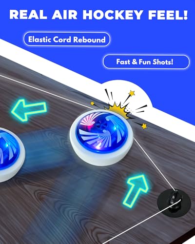 Rechargeable Tabletop Air Hockey – Elastic Rope Rebound Boundaries with Adjustable Size, 2–4 Player Indoor Hockey Game with LED Pucks, Fun Party & Gift Idea