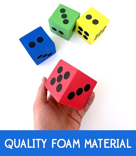 4 Foam Jumbo Playing Dice - Red, Yellow, Blue, Green - Kids Outdoor/Indoor Games, Classroom Supplies