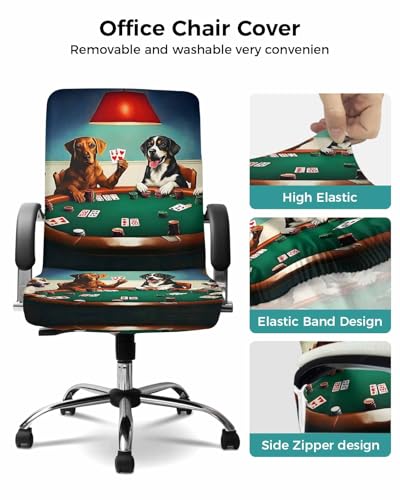 Abstract Animal Office Chair Cover, Dog in The Room Playing Poker Games Universal Stretch Desk Rotating Chair Slipcovers, Removable Seat Protector with Zipper, L - color: Dark Green Brown, size: Large