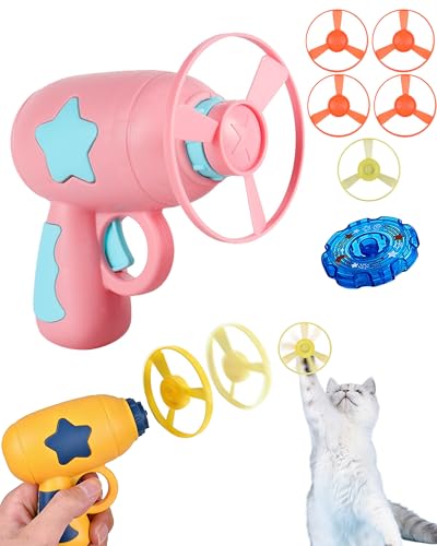 Bamboo Dragonfly Catapult Pistol, Bamboo Dragonfly Catapult Launcher, Flying Disc Launcher Toy with LED Glow, Interactive Play for Cats & Outdoor Fun, Exercise & Night Activity (Pink) - color: Pink