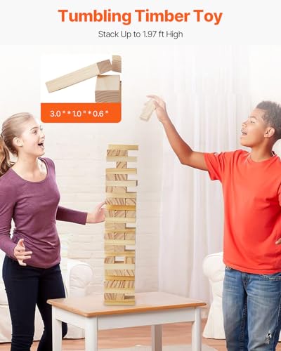 VEVOR Tumbling Timber Toy, 54 Blocks, Pine Wood Tumbling Tower Game with Storage Crate, Tumble Tower Blocks, Multiple Ways to Play Wooden Stacking Game for Indoor and Outdoor Family Gatherings