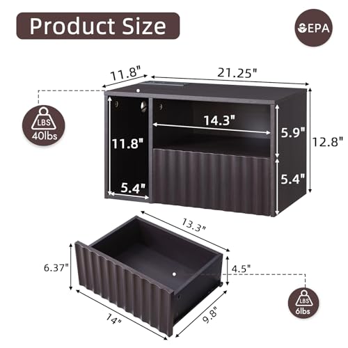 BuildHom Modern Espresso Fluted Floating Nightstand with Charging Station, NightStand with Drawers, Bedside with USB Ports and Outlets, Bedroom Furniture (Set of 2) - color: Espresso, size: Set of 2